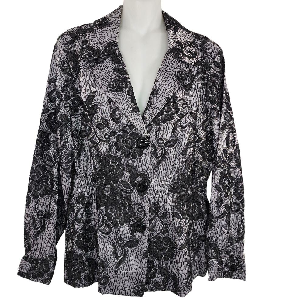 Laura Ashley Blazer Size Large Floral Lace Overlay Button Black Gray Whimsigoth